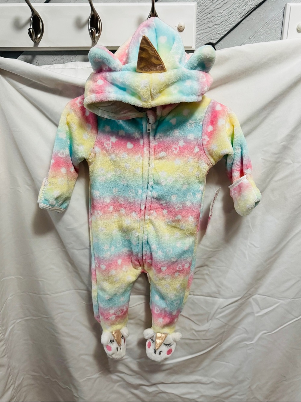 Penelope Mack Rainbow Unicorn Fleece hooded zip 0-3 newborn girl velour NWT gift